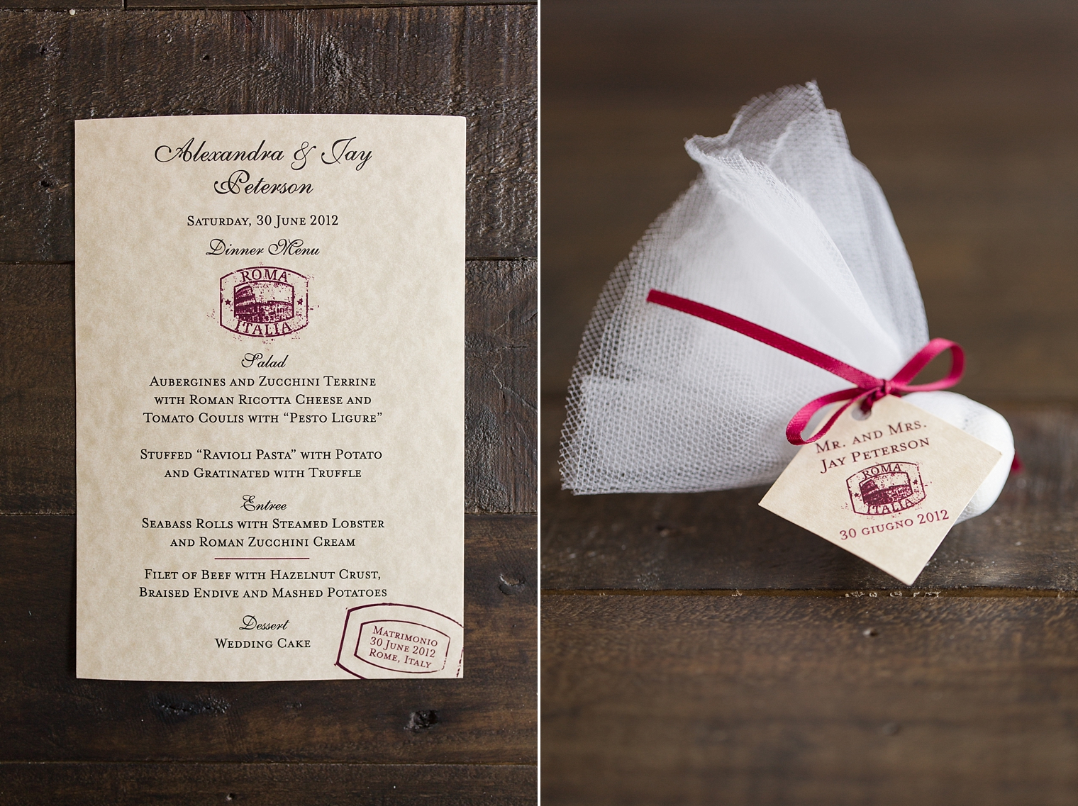 Rome wedding menu and favor