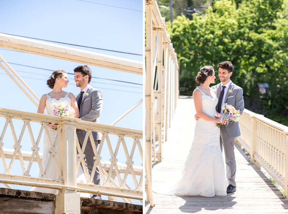 Rustic Red Mill Museum Wedding bride and groom on bridge