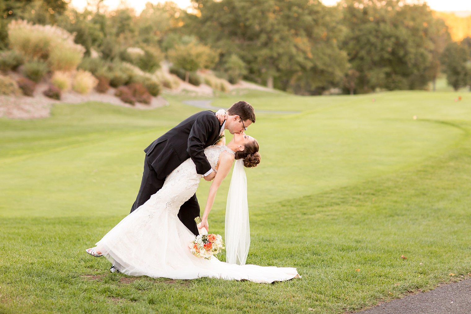 Basking Ridge Country Club bride and groom on golf course
