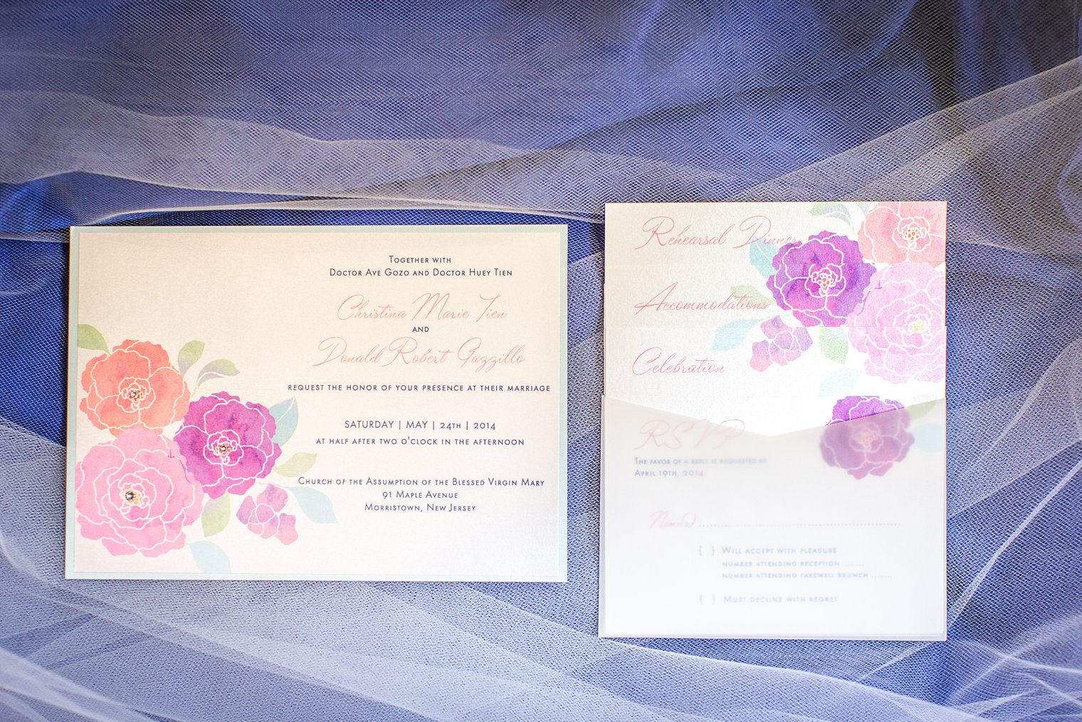 Blue and pink wedding invitation photo