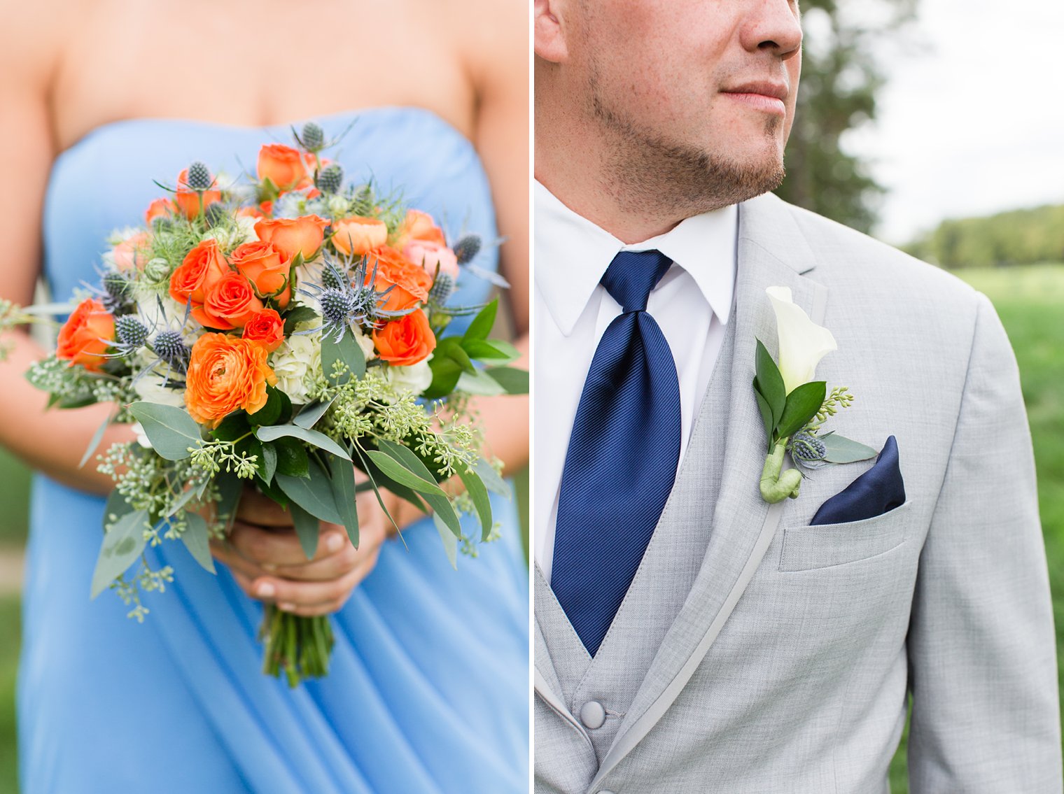 Blue and orange wedding bouquets