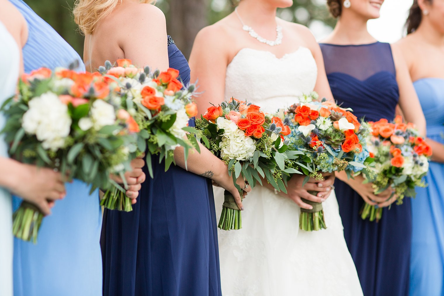 Blue and orange wedding bouquets