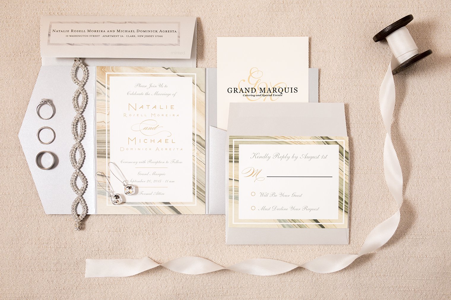 beige and gray wedding invitation