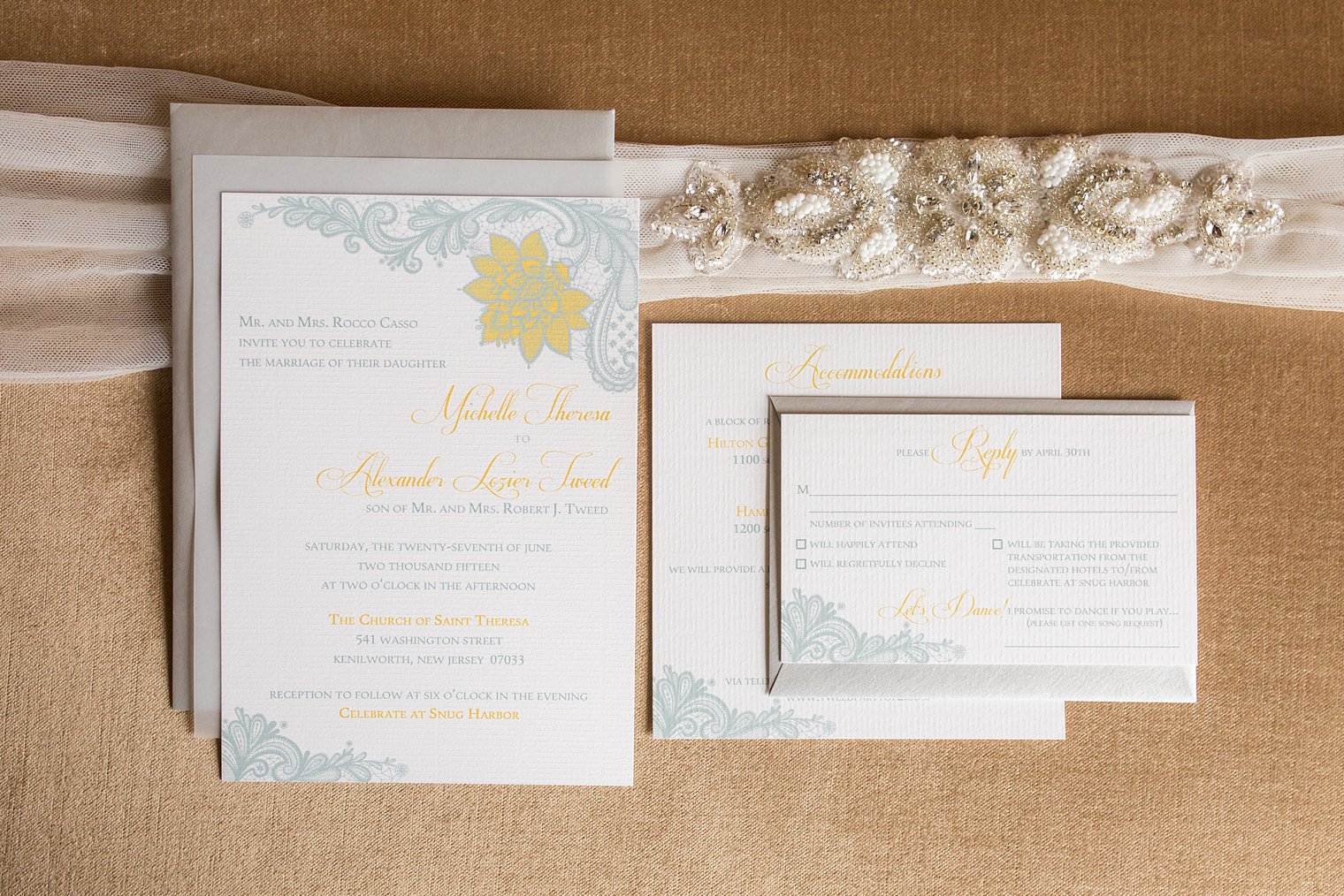 yellow and gray wedding invitation photo