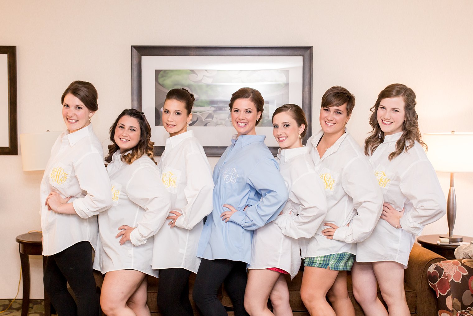 bridesmaids in monogrammed shirts