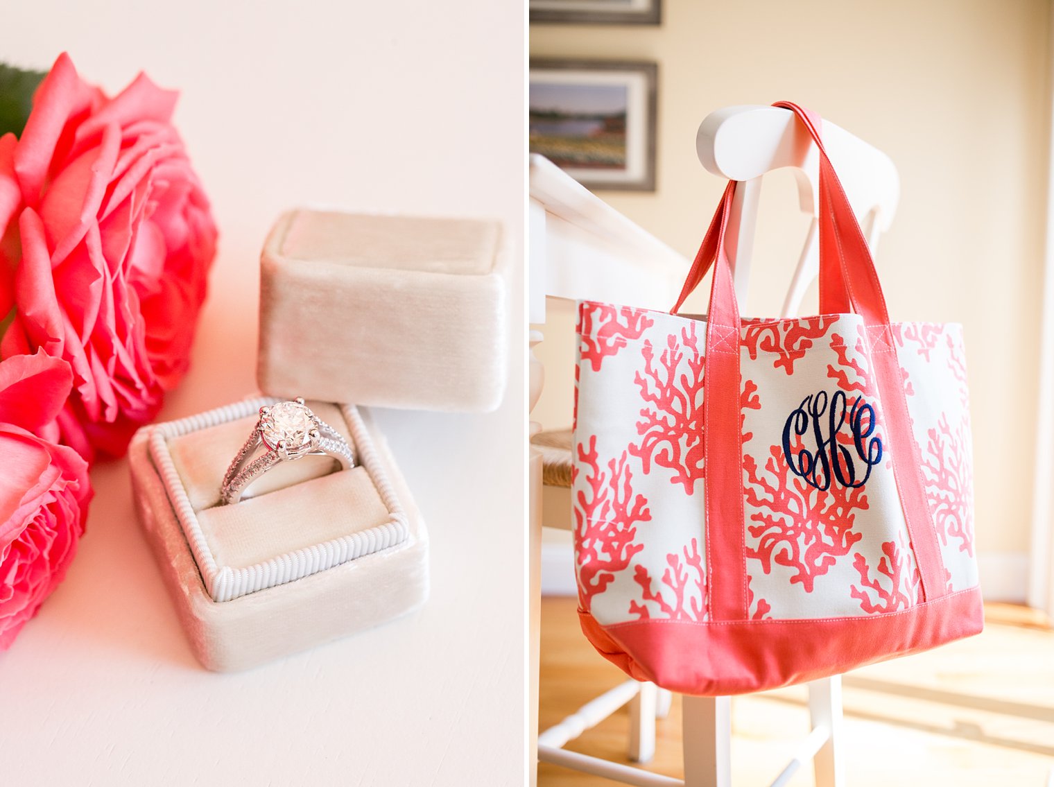 Coral and navy wedding details photos