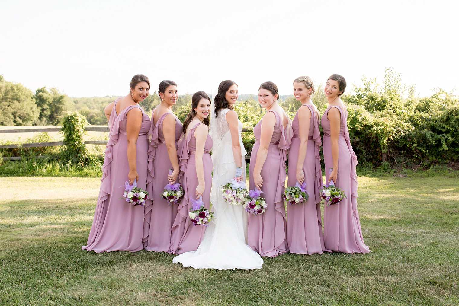 Quartz bridesmaid dresses with ruffled back photo