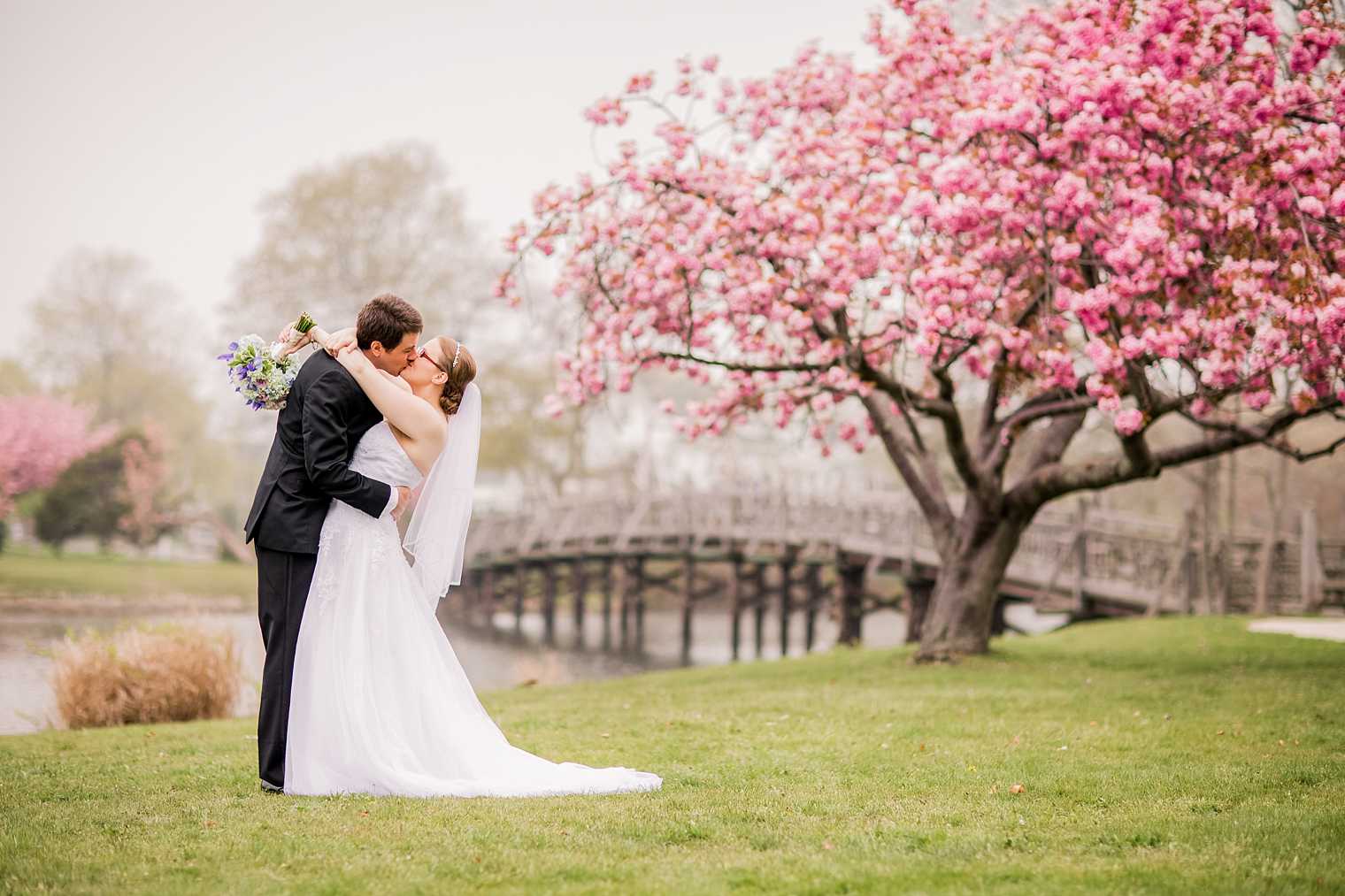 Spring Lake NJ wedding photo with cherry blossoms