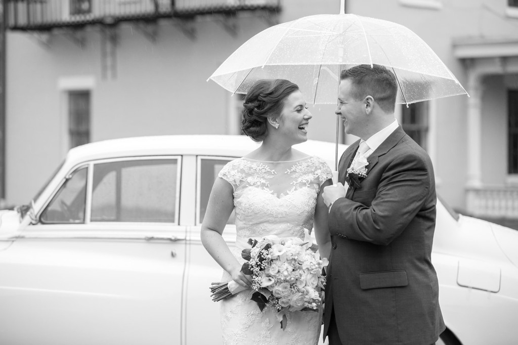 Snug Harbor Wedding bride and groom photos in the rain