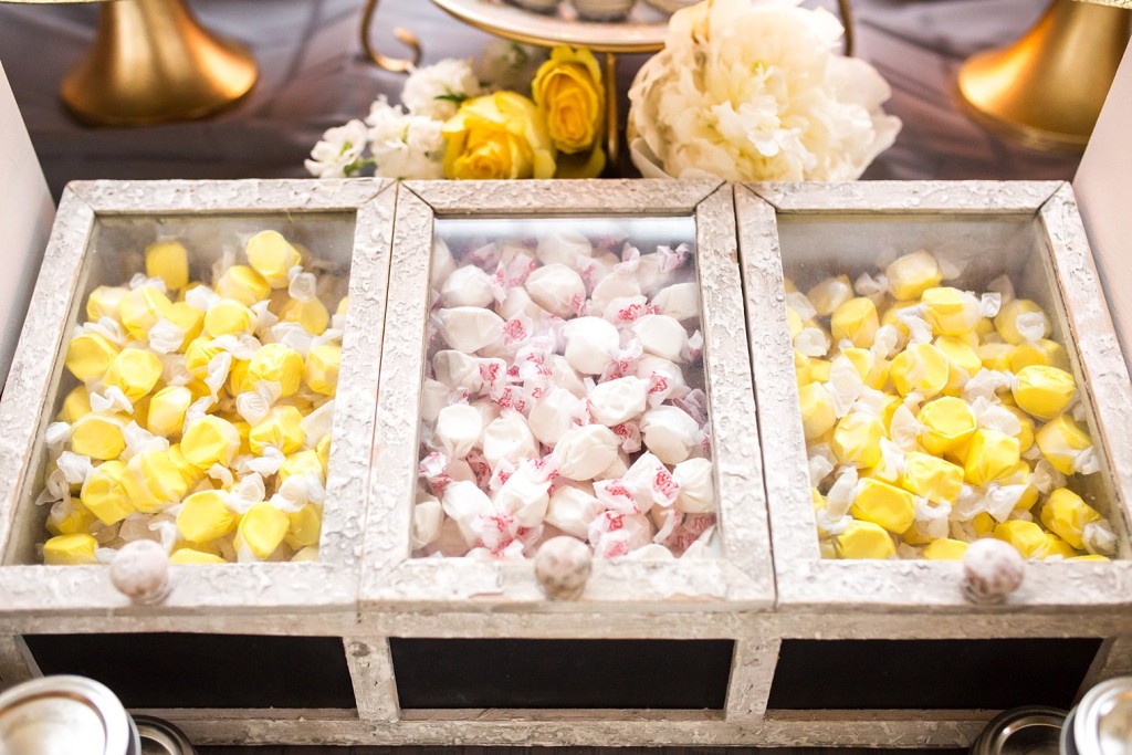 Snug Harbor Wedding Sweets Bar in gray and yellow