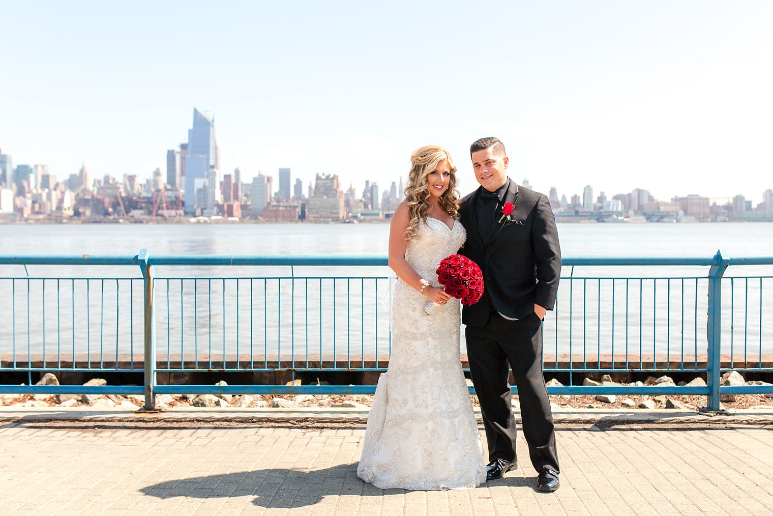 Bride and groom portrait NYC skyline