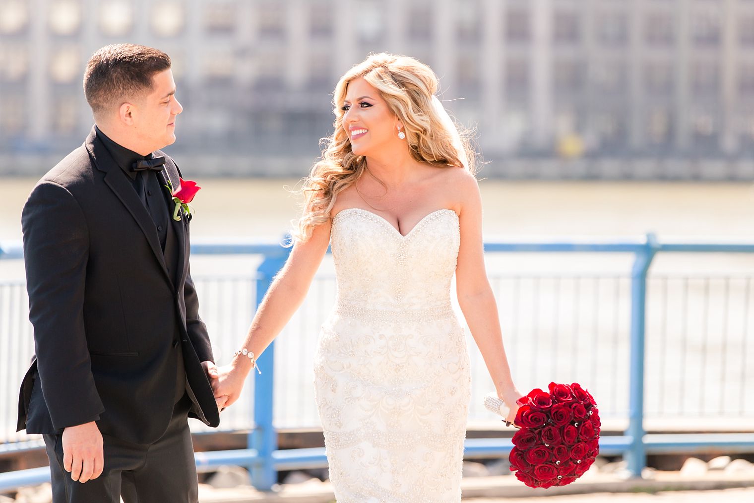 Bride and groom taking a walk