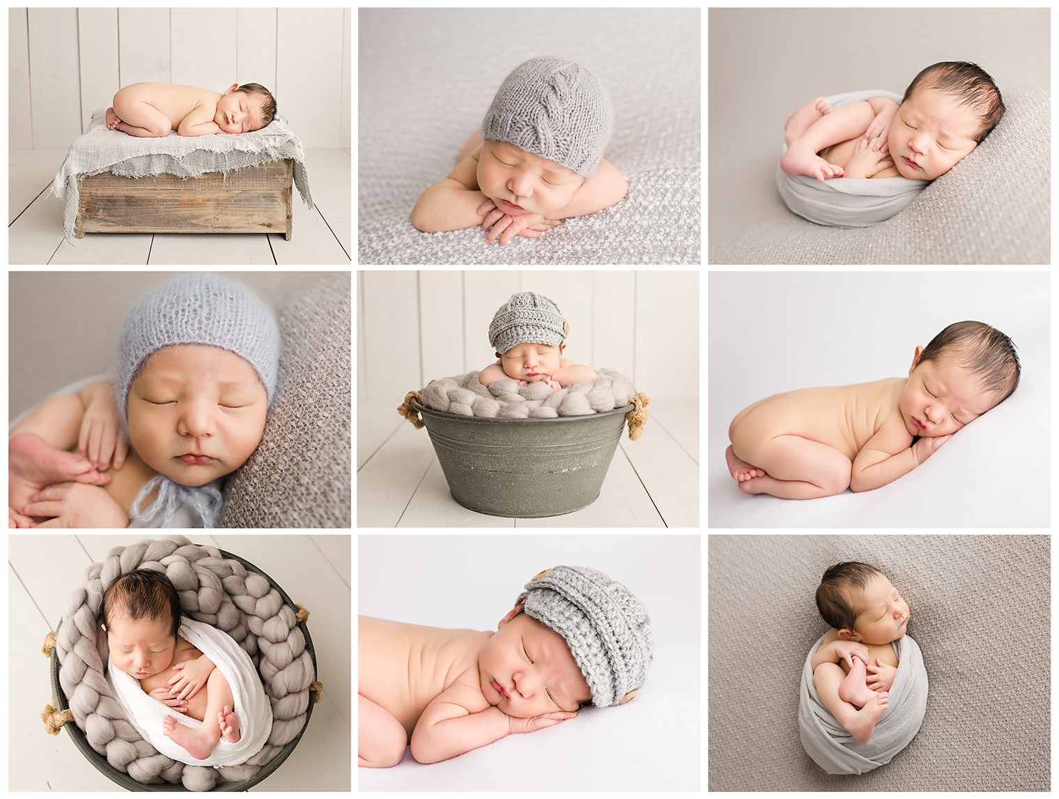 Newborn boy in gray and white setups