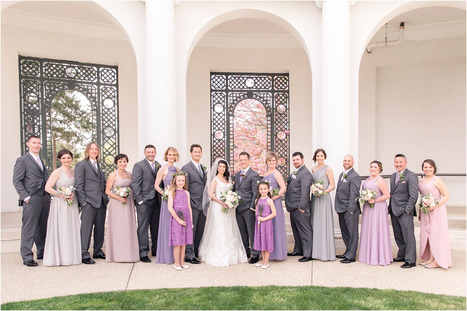 Bridal party in purple and gray