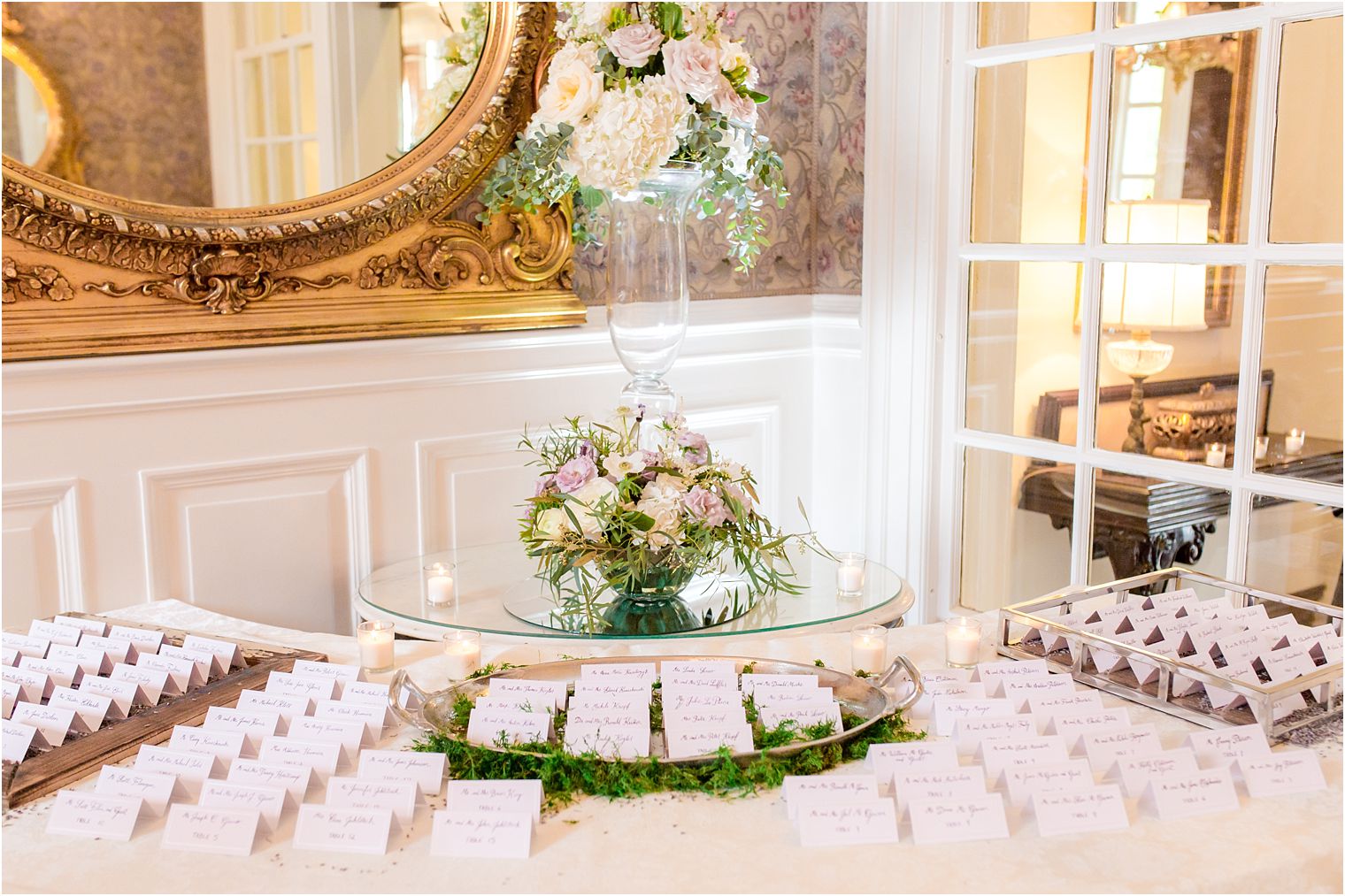 Seating card table with lavender and moss