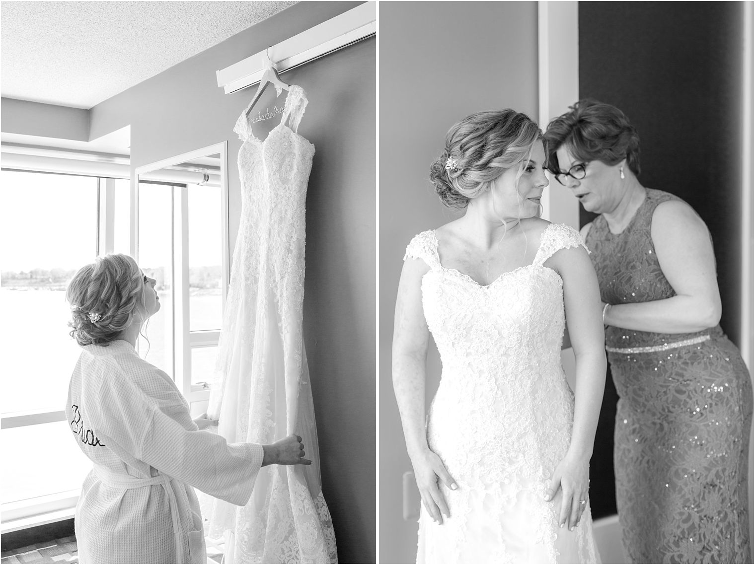 Mom helping bride get dressed