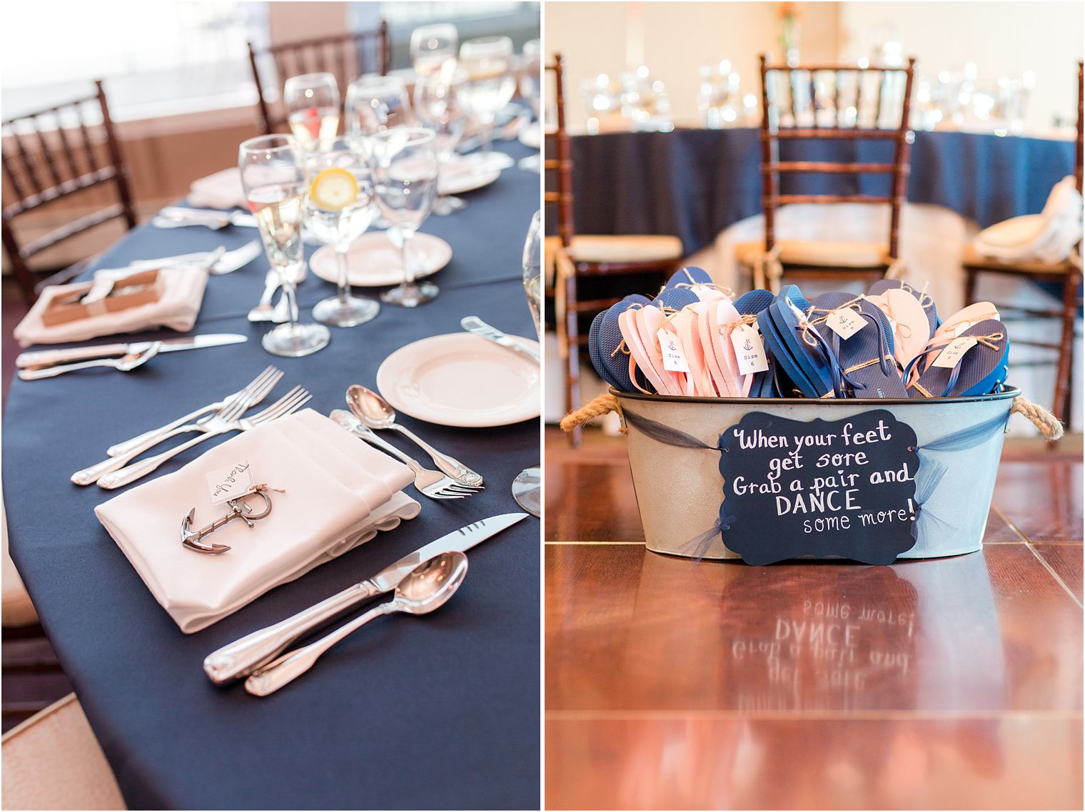 Peach and navy wedding details