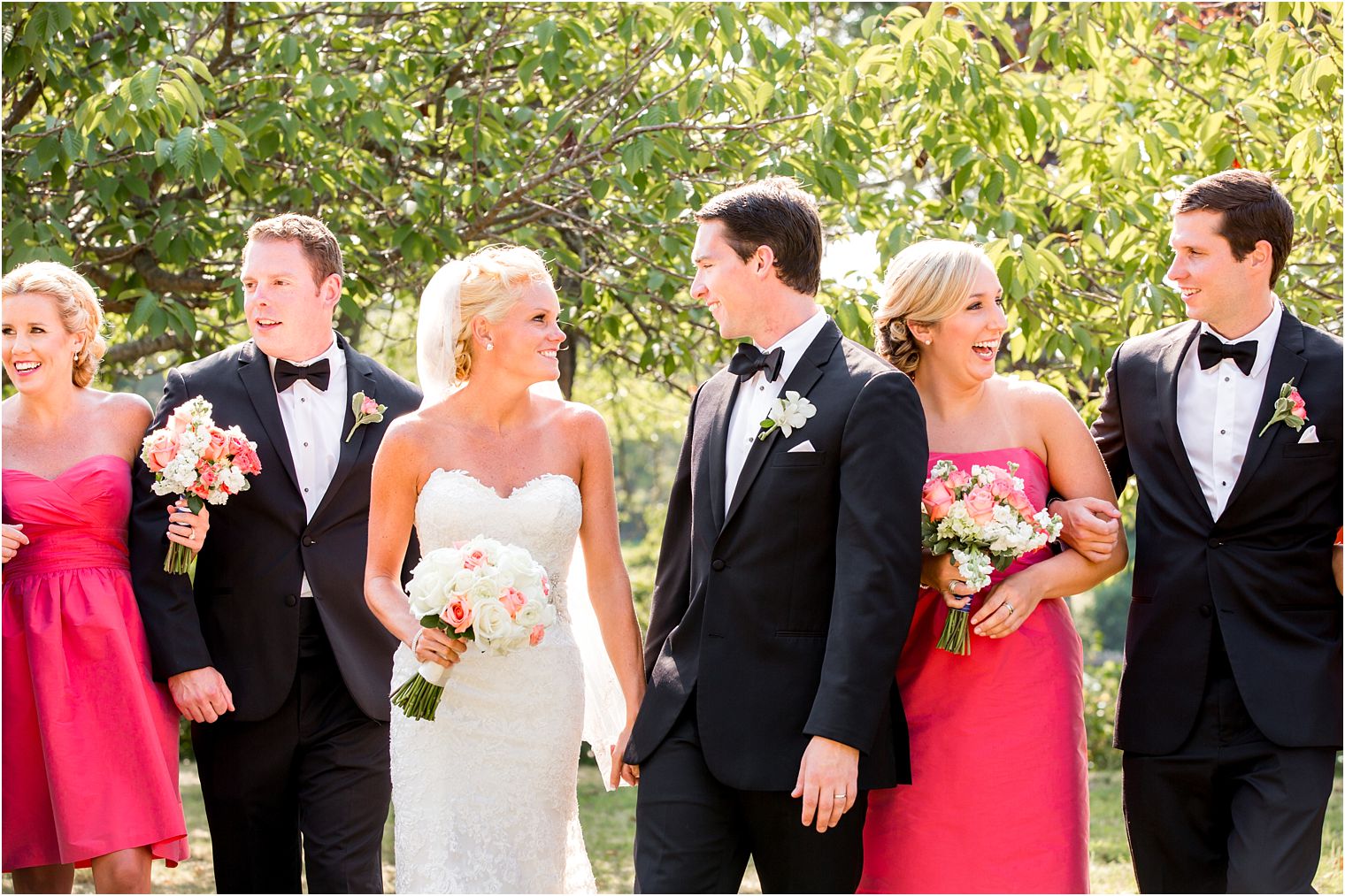 Coral and black tux wedding