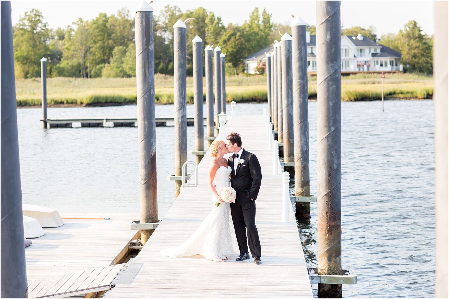 Rumson Country Club bride and groom on dock