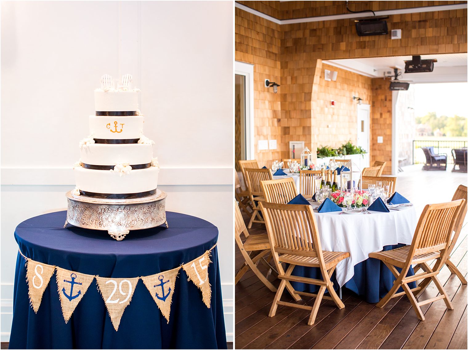 Coral and blue wedding reception photos