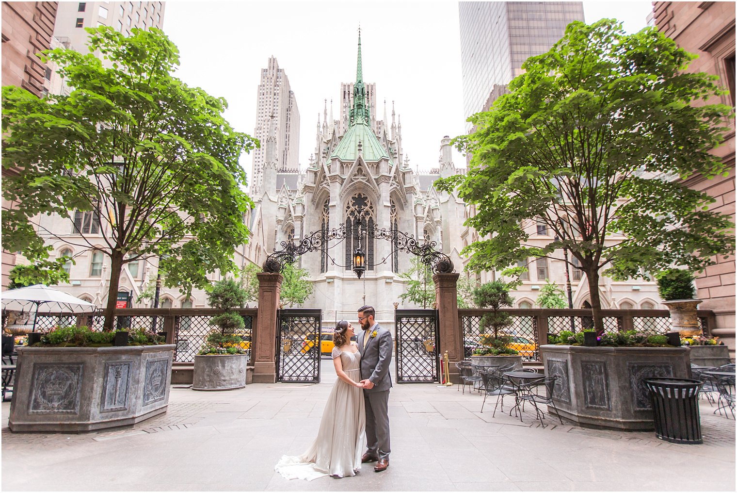Bride and groom in front of St. Patrick's Cathedral