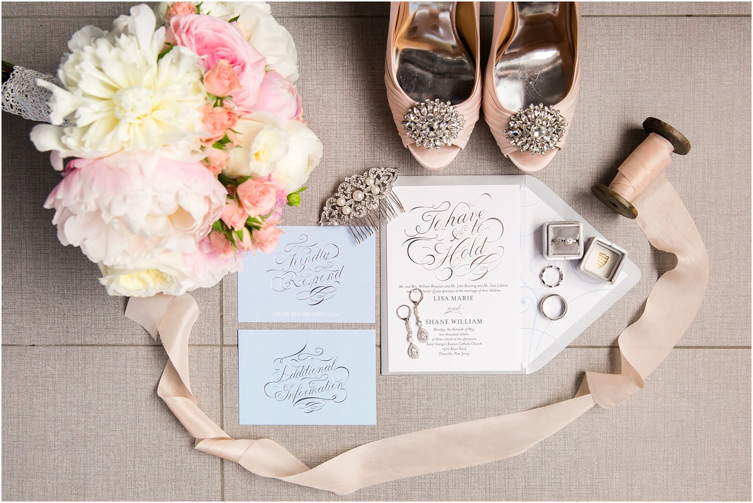 Soft blue and pink wedding details