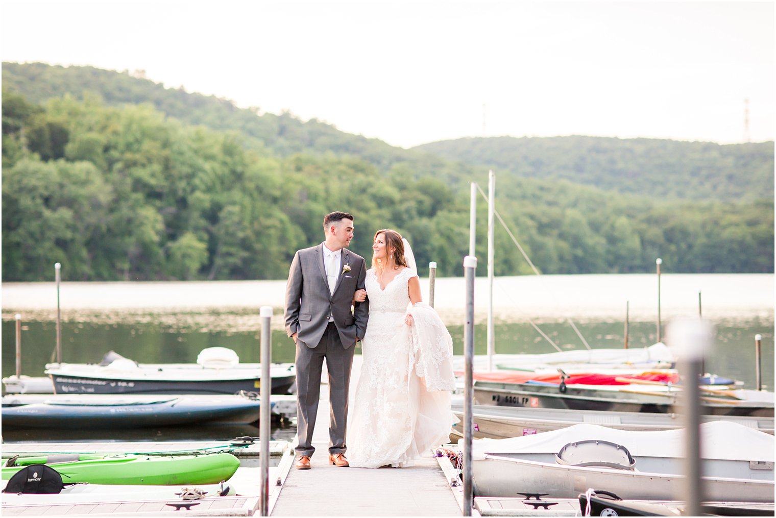 Bride and groom on docks