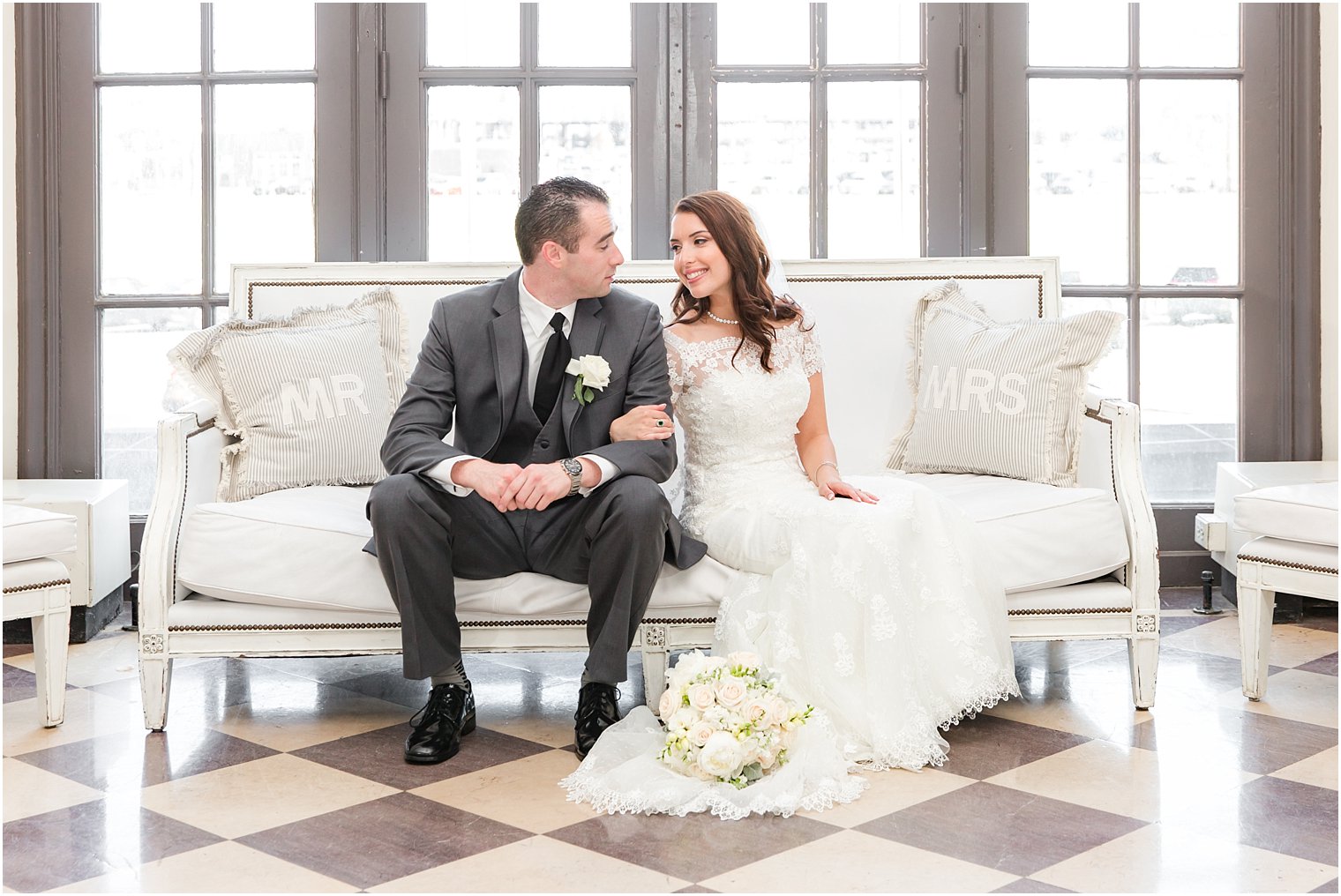 Berkeley Oceanfront Hotel Wedding photo with Mr. and Mrs. pillows