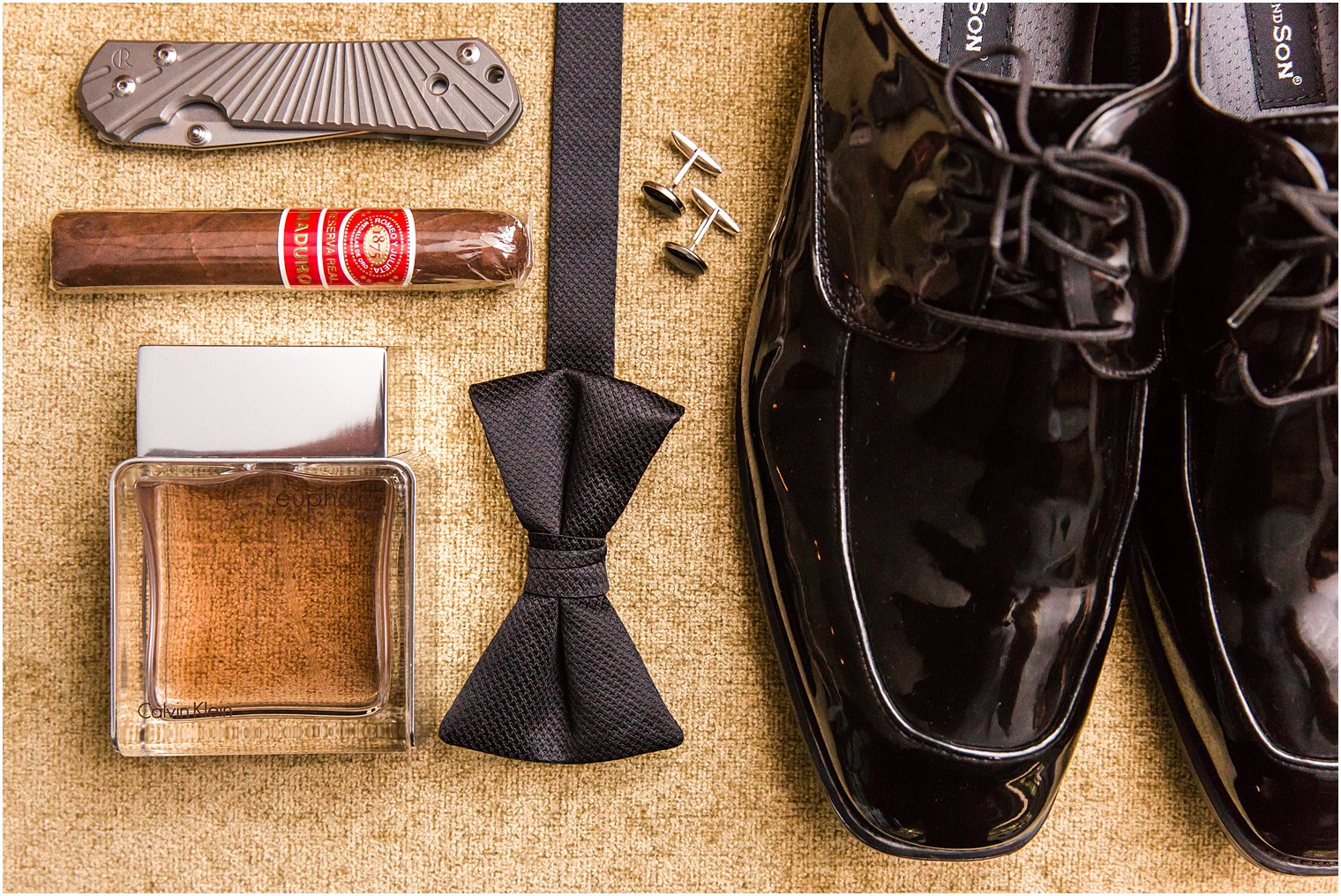 Groom bowtie, shoes, cigar, cologne, cuff links