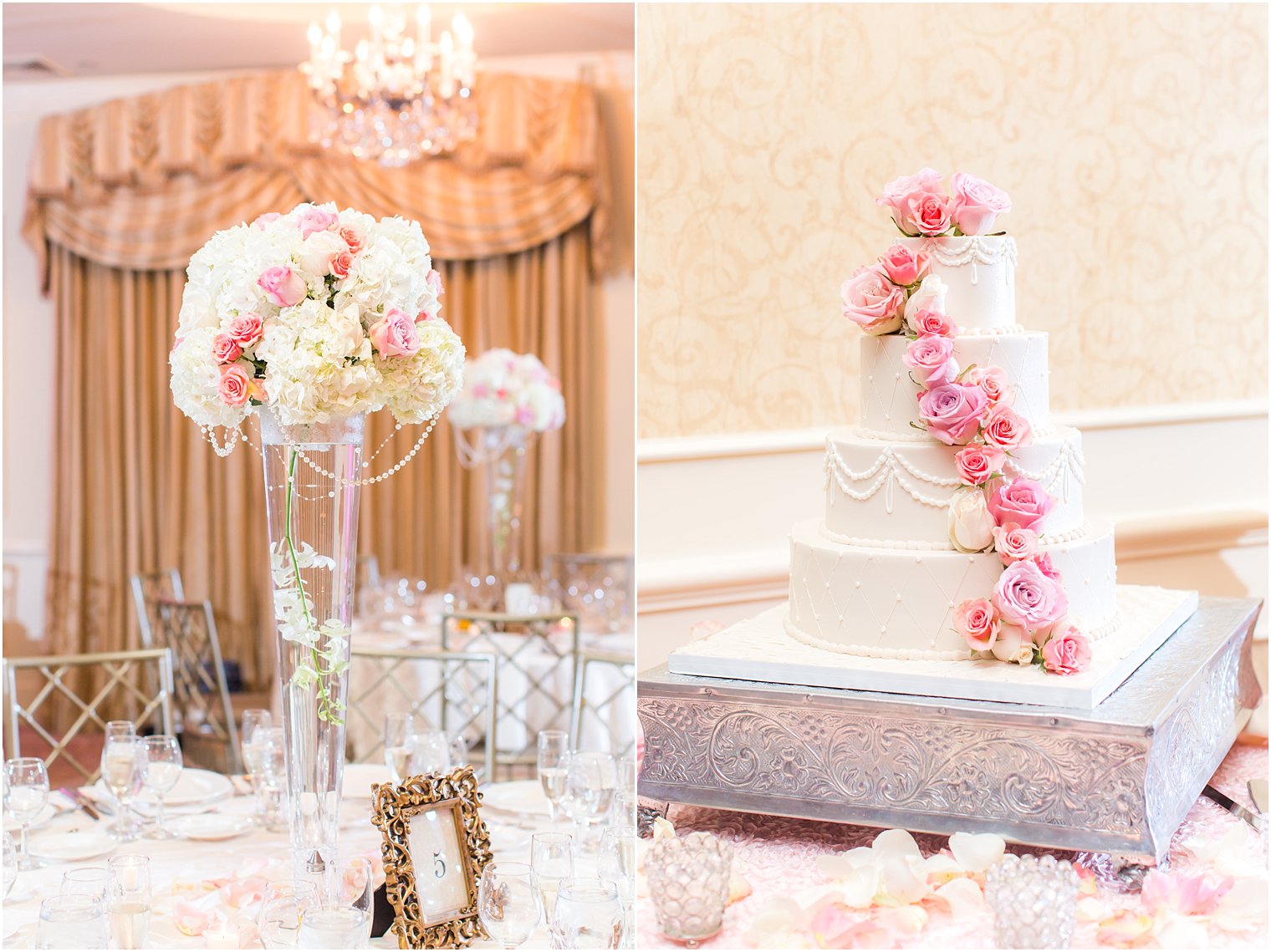 Pink and white centerpieces at the Farmhouse at the Grand Colonial | Palermo's Bakery Cake | Photos by Idalia Photography