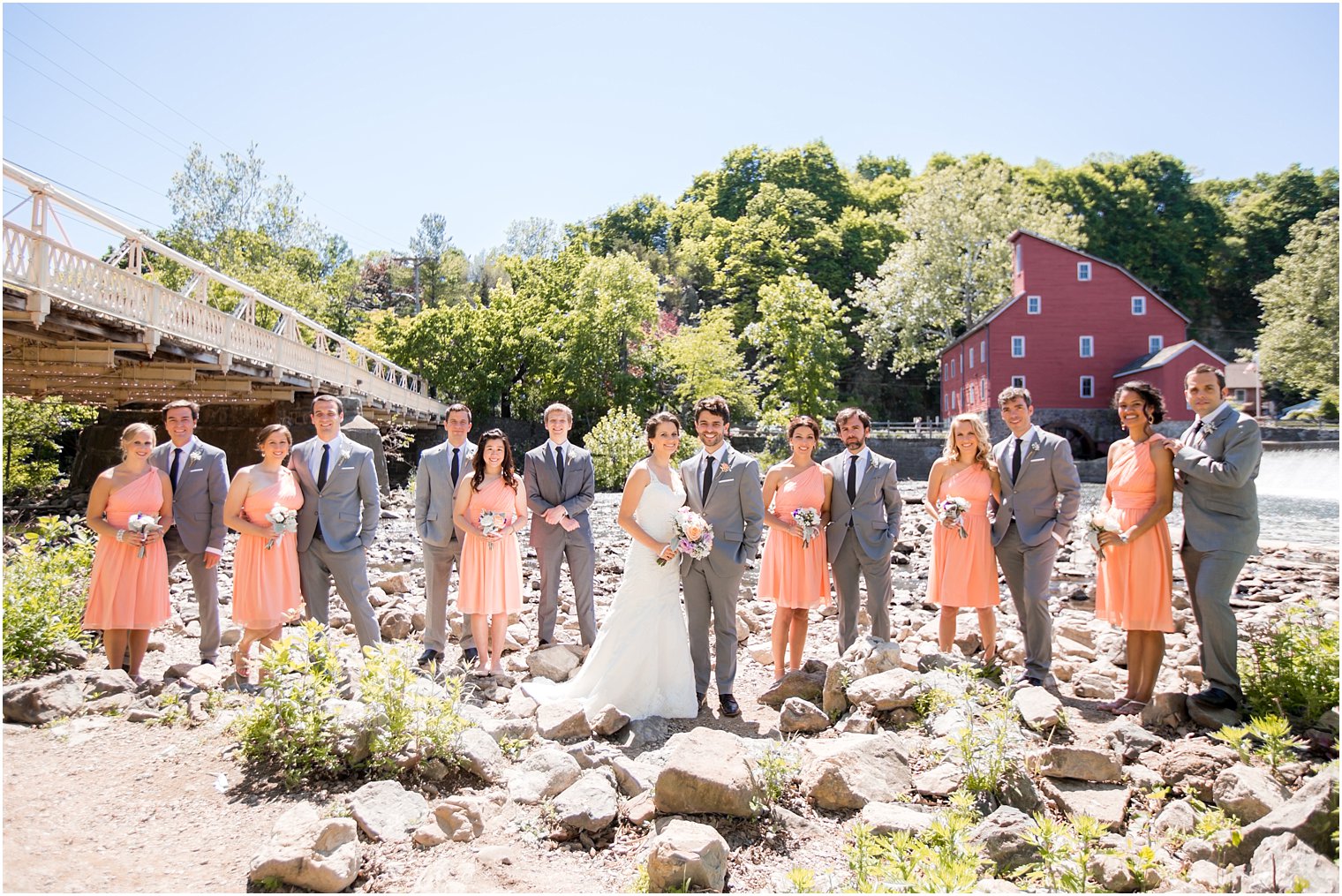 Peach and gray bridal party photos Red Mill Museum