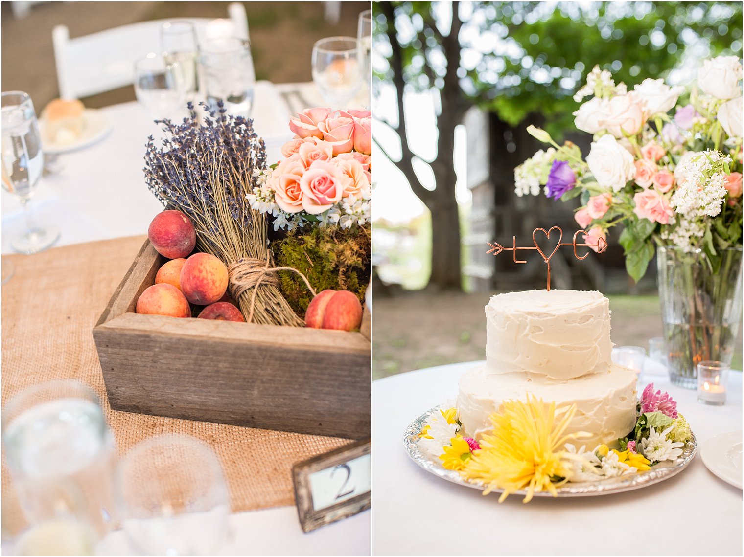 Center pieces and cake at rustic NJ wedding