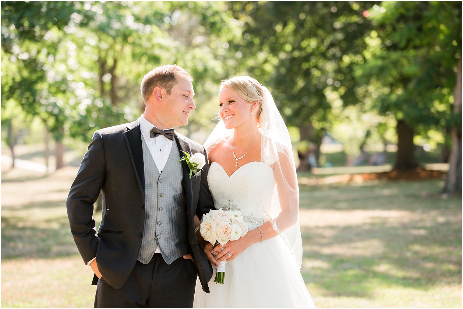 Smiling bride and groom