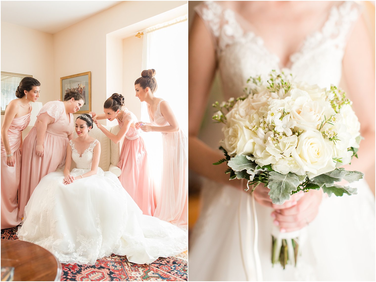 Bridesmaids placing veil on bride