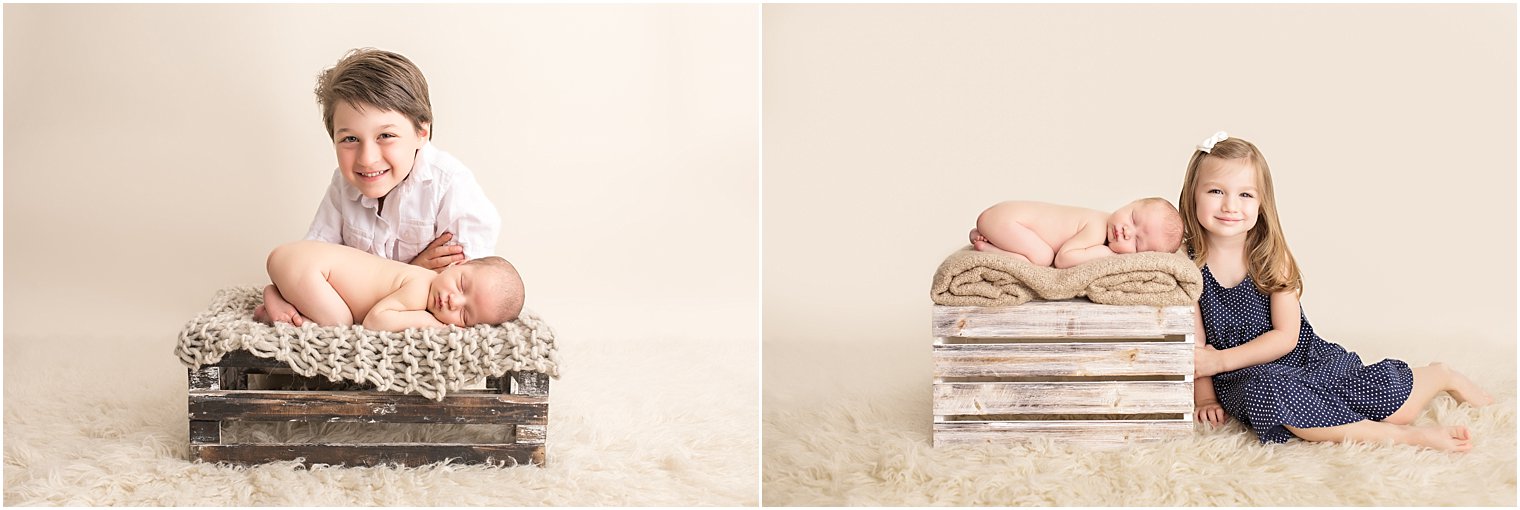 Tushie-up on Crate with Siblings Newborn Pose