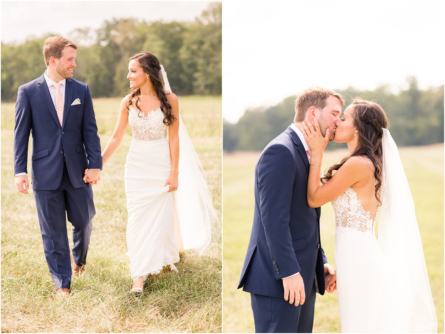 Portraits of bride and groom on field