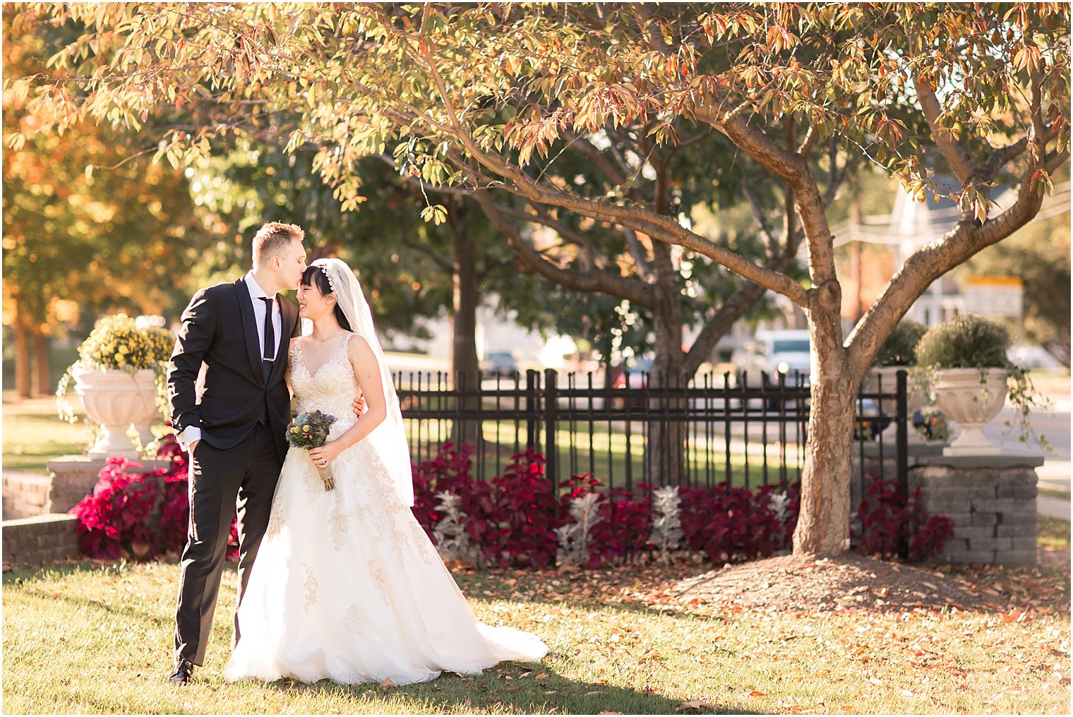 Bride and groom in Autumn light