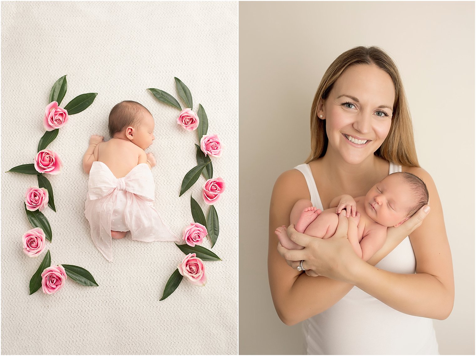 Newborn baby girl with pink roses
