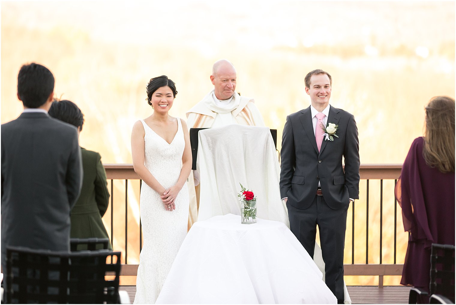 Smiling bride and groom