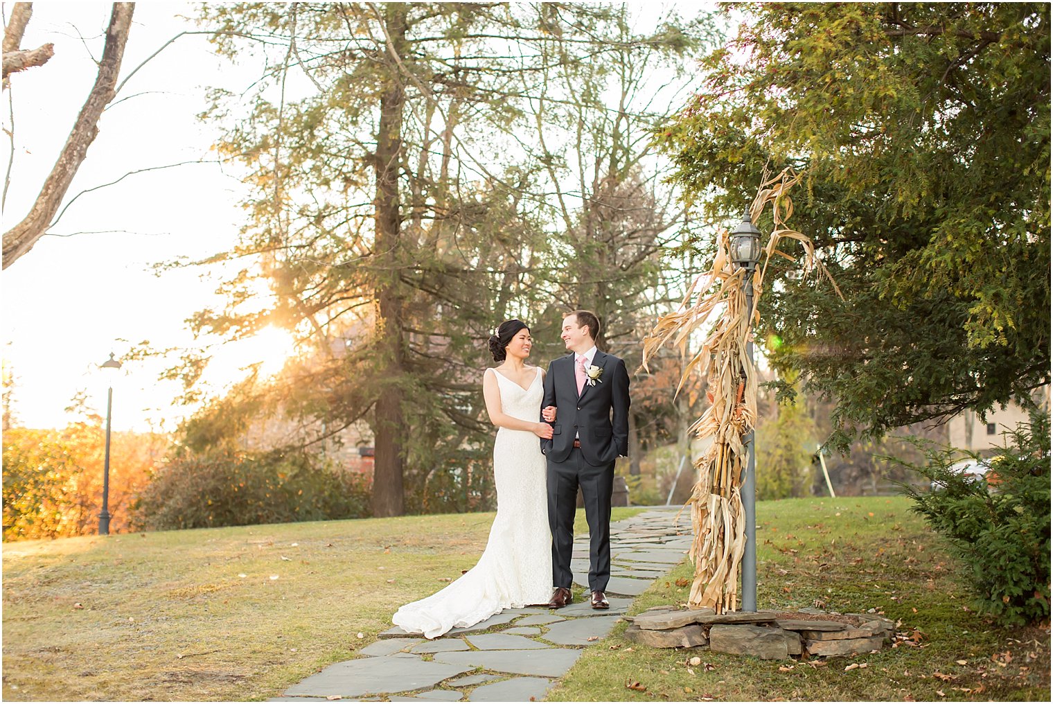 Bride and groom at sunset