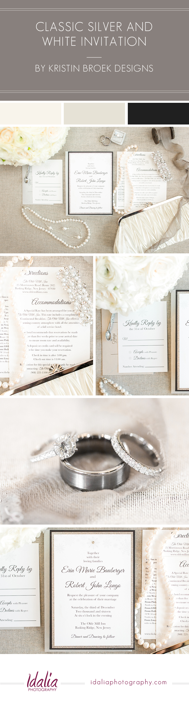 Classic white and silver wedding invitation by Kristin Broek Designs