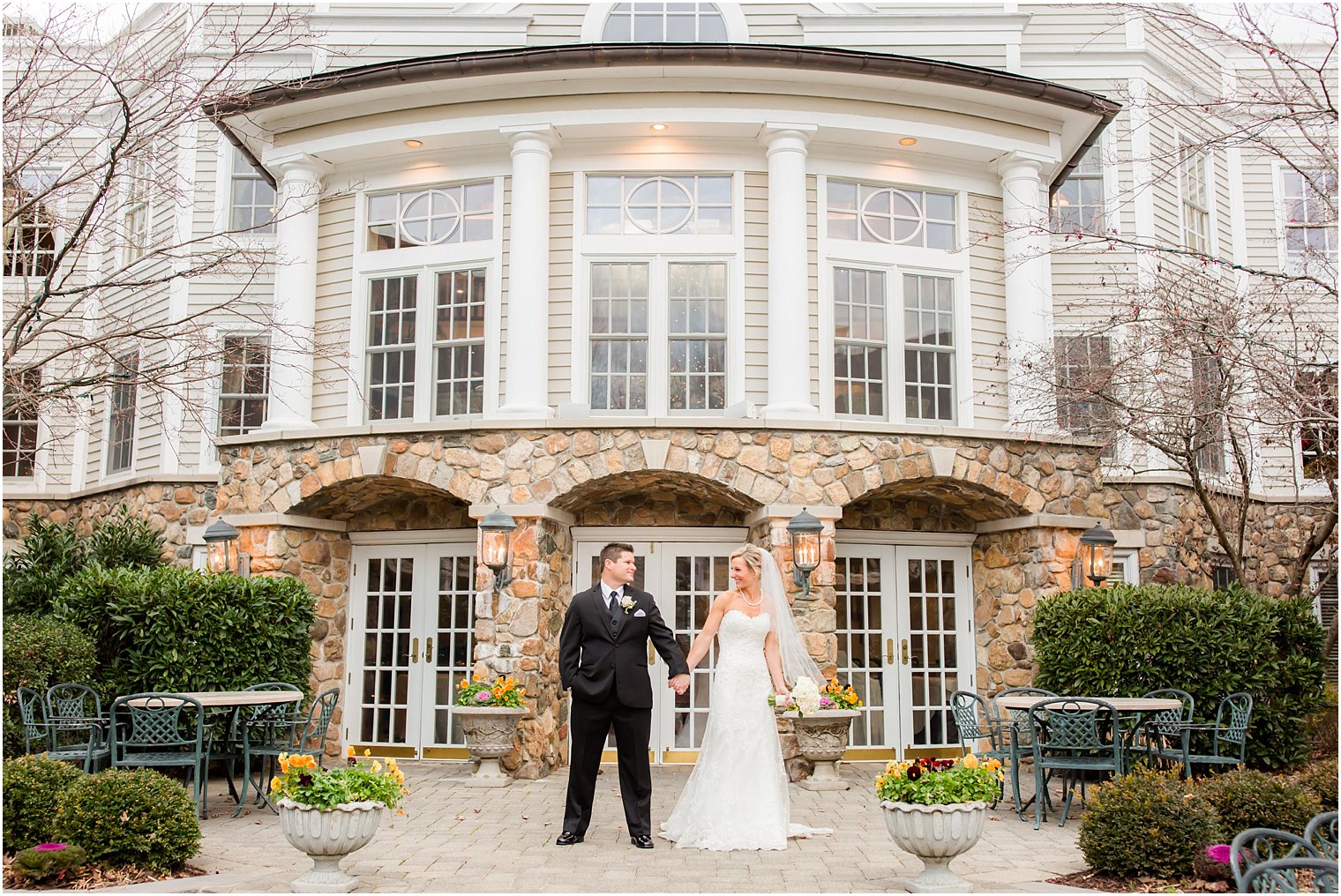 Olde Mill Inn Courtyard bride and groom portraits