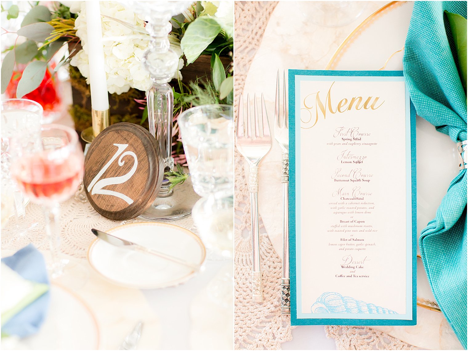Ideas for wedding menu and table number for a romantic seaside wedding