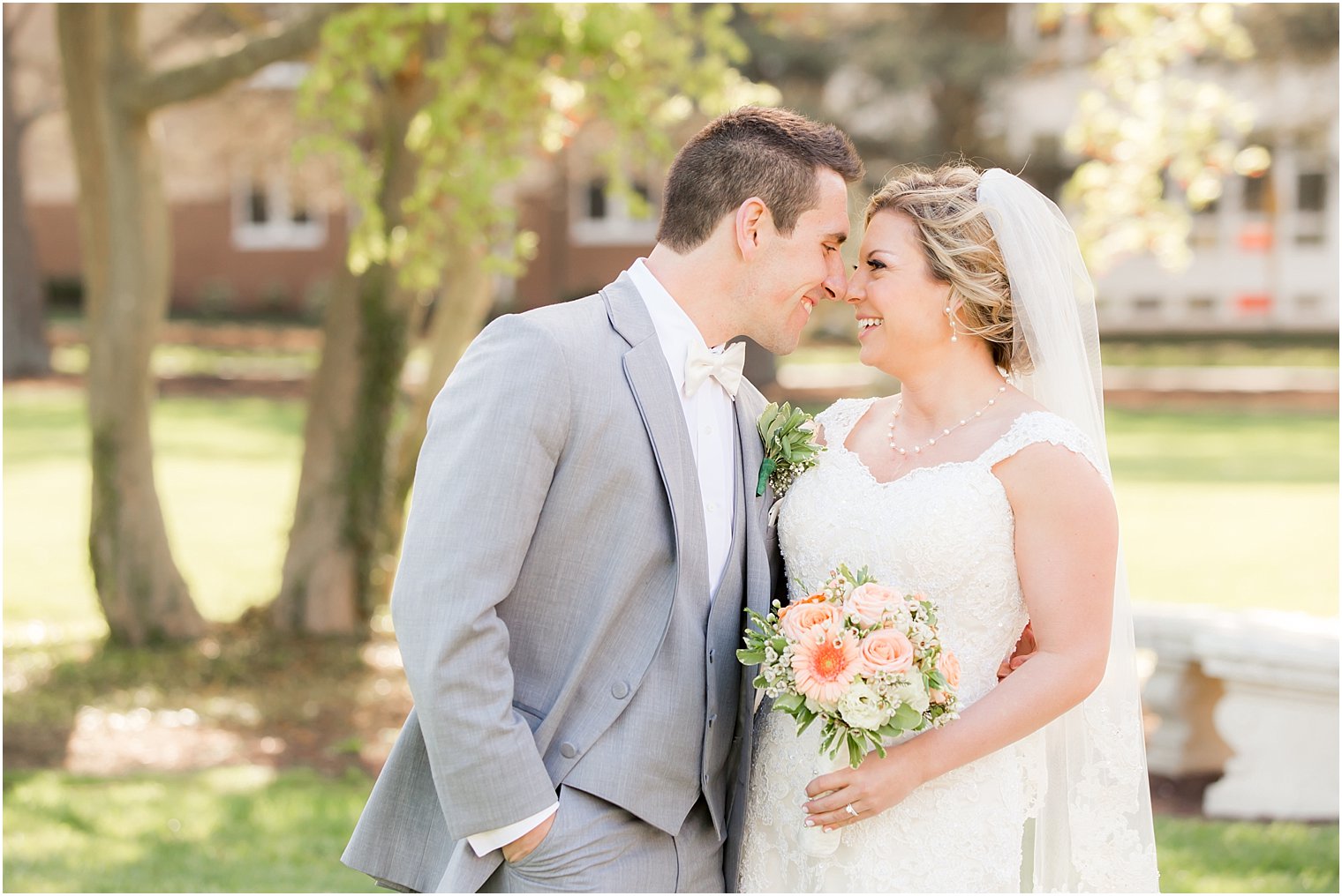 Cute bride and groom portrait at Monmouth University Library Gardens | Photo by Idalia Photography