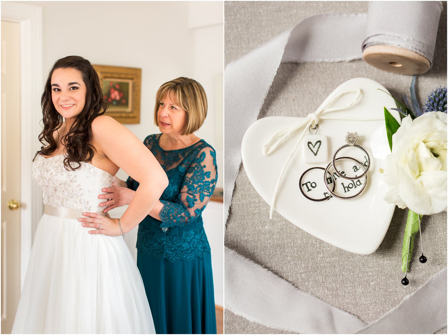 Mother helping bride get dressed