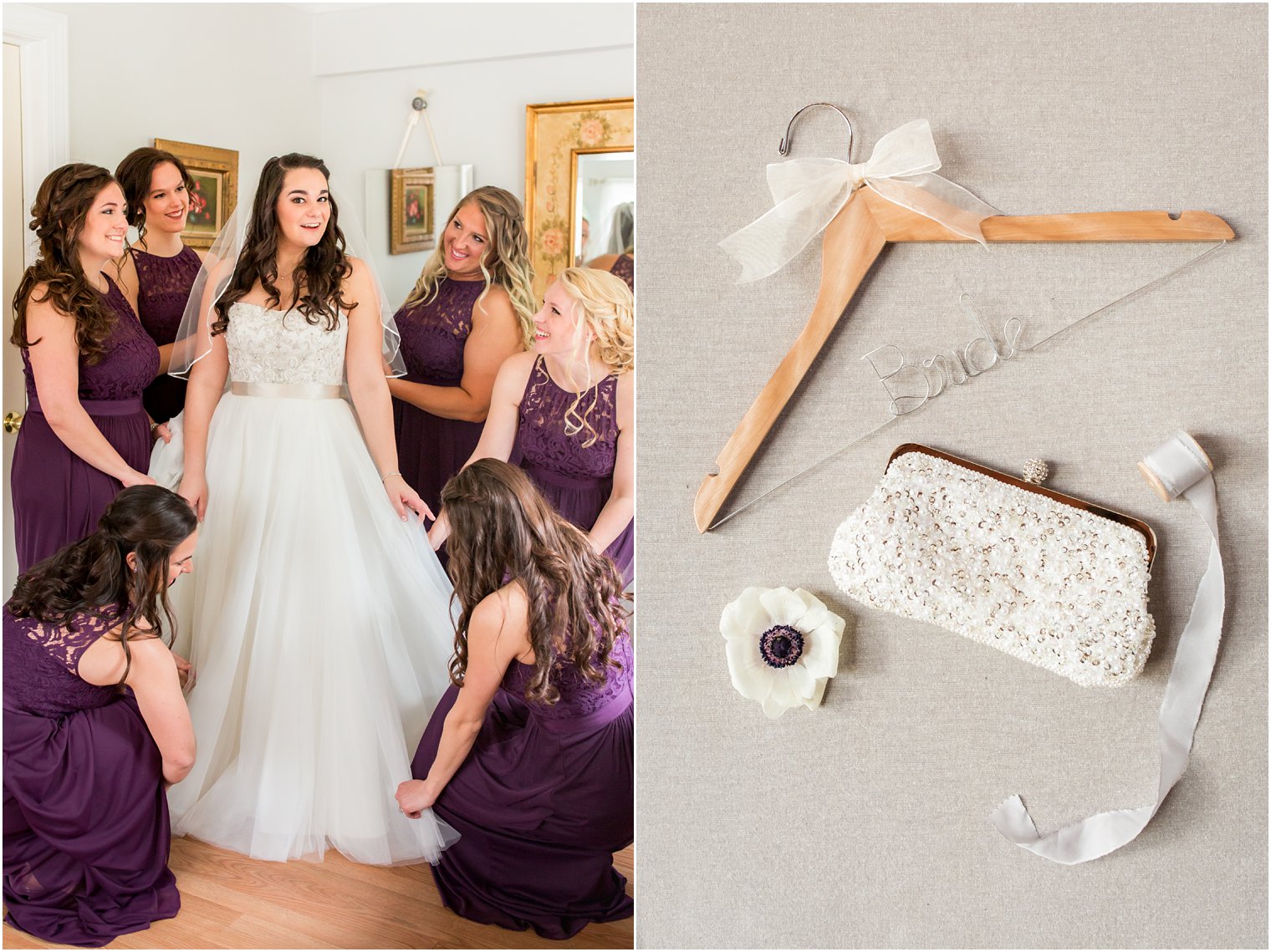 Bridesmaids helping bride get ready on her wedding day