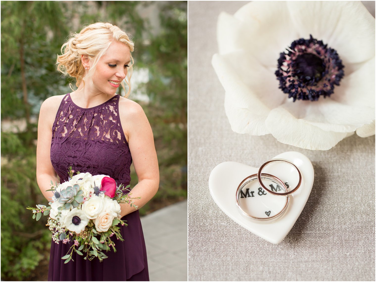 Bridesmaid in purple with bouquet from Pod Shop Flowers