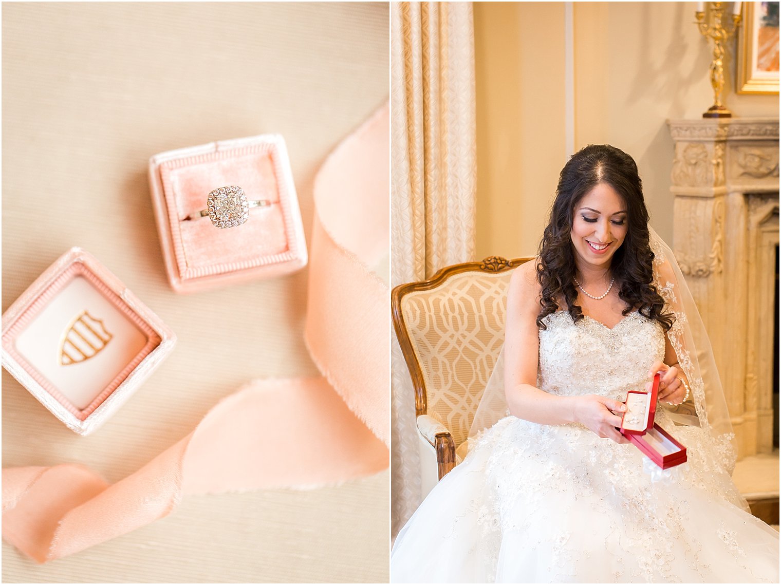 Bride opening gift from groom and peach Mrs Box | Photo by Idalia Photography