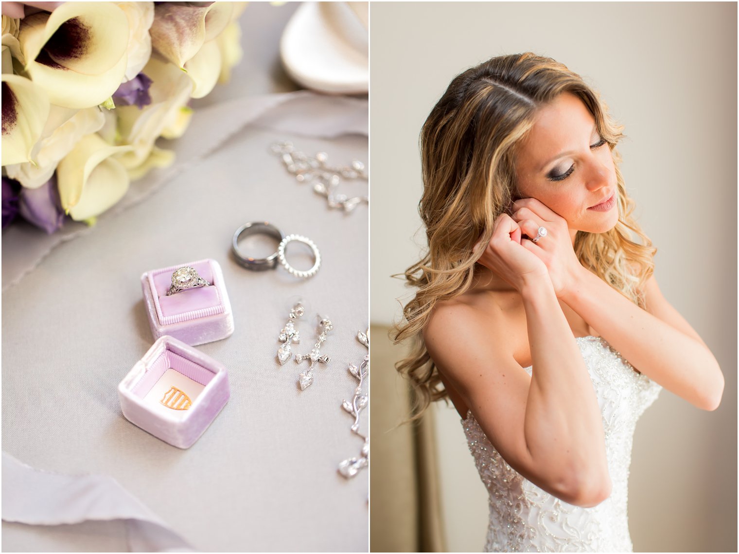 Bride putting on jewelry at Wilshire Grand Hotel | Photos by Idalia Photography