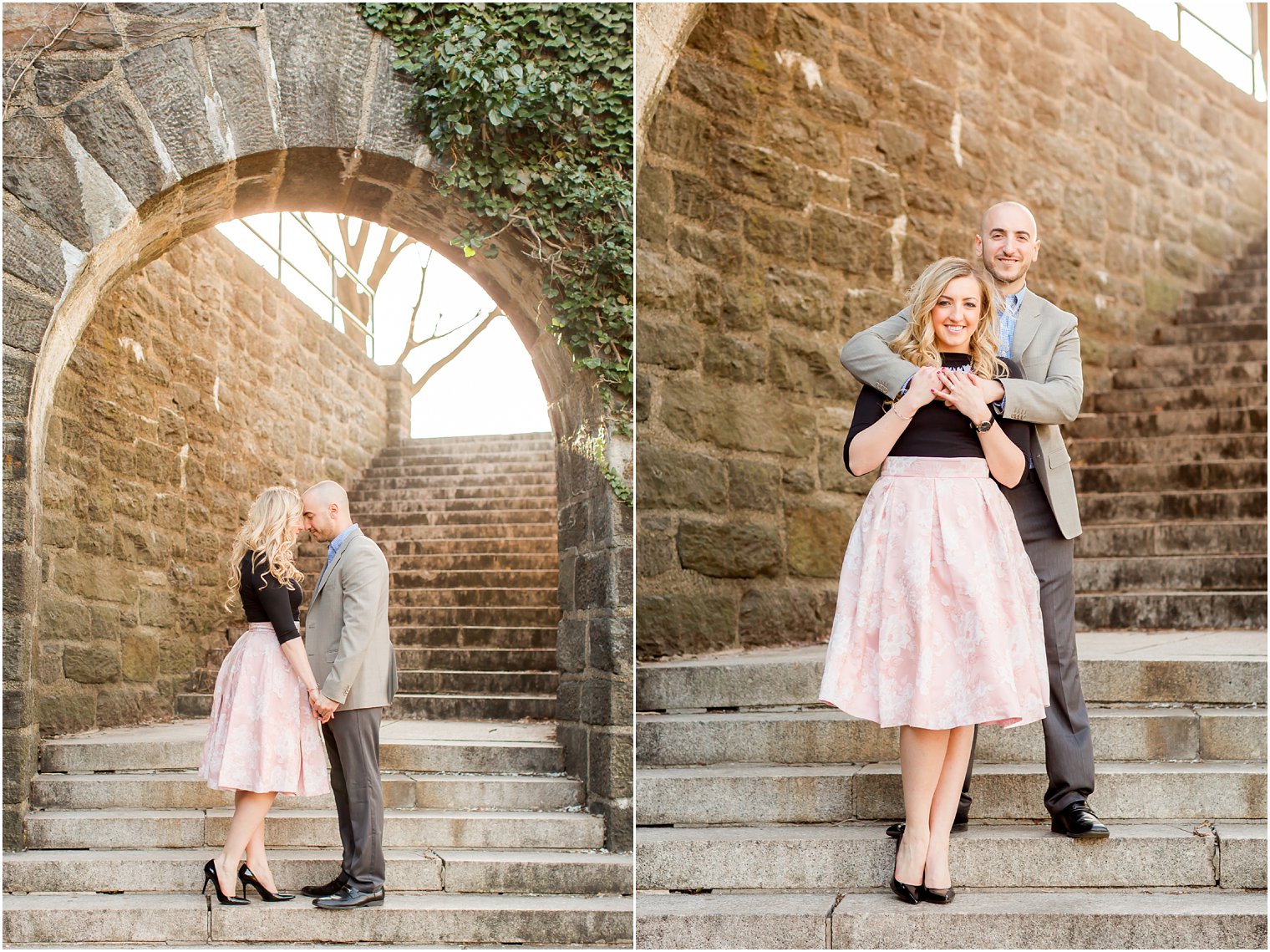 Engaged couple wearing classic and chic outfits